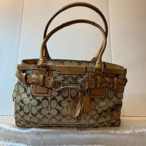 COACH Purse HAMPTON Medium Satchel W/Braided Leather & Brown Signature Material